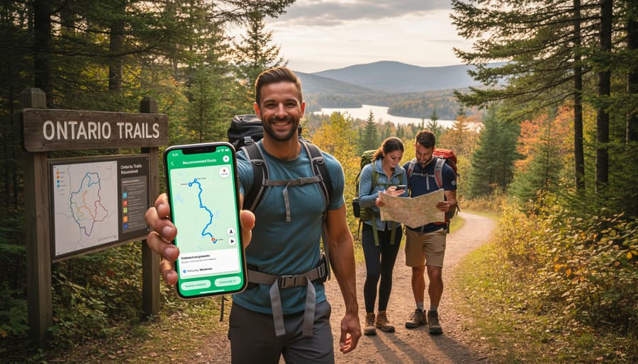 Group of hikers on scenic forest trail in Ontario provincial park during autumn