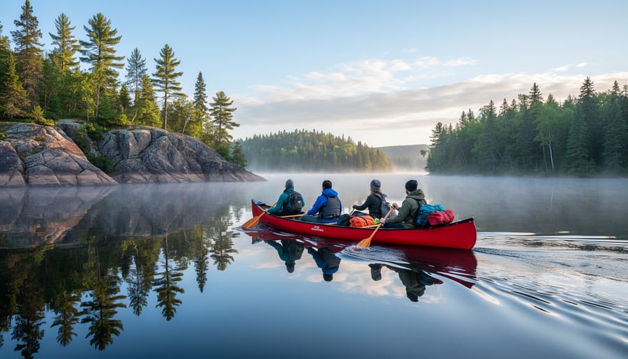Two canoes paddling across calm misty lake surrounded by pine forest in Ontario wilderness