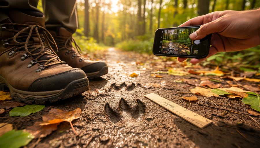 Close-up of fresh deer hoofprints on a damp Ontario trail with a hiker’s boot, a small ruler measuring the prints, and a hand holding a smartphone, with a softly blurred forest path in warm golden light.
