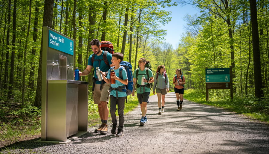 Person refilling reusable water bottle at park water station