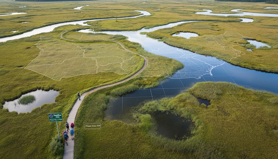 Pristine wetland ecosystem with marsh grasses and forest showing protected natural habitat