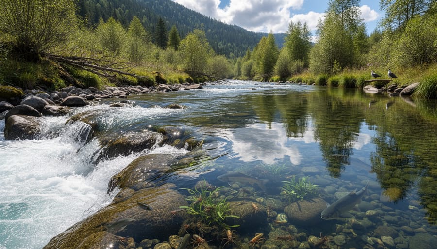 River rapids flowing over rocks with calm pool in background showing habitat diversity