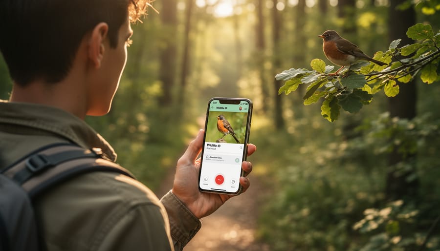 Hiker using smartphone to identify wildlife tracks on forest trail