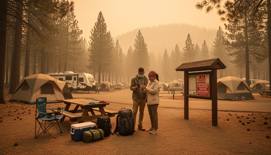 Campground with visible wildfire smoke haze affecting air quality and visibility