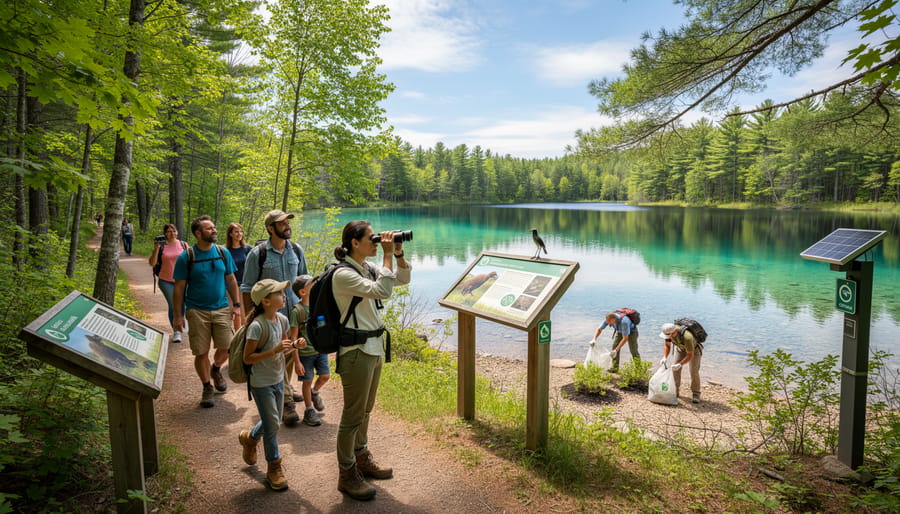 Kayakers exploring pristine Ontario lake surrounded by protected forest landscape