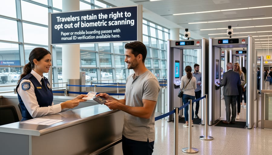 Traveler presenting paper boarding pass to gate agent for traditional manual boarding process