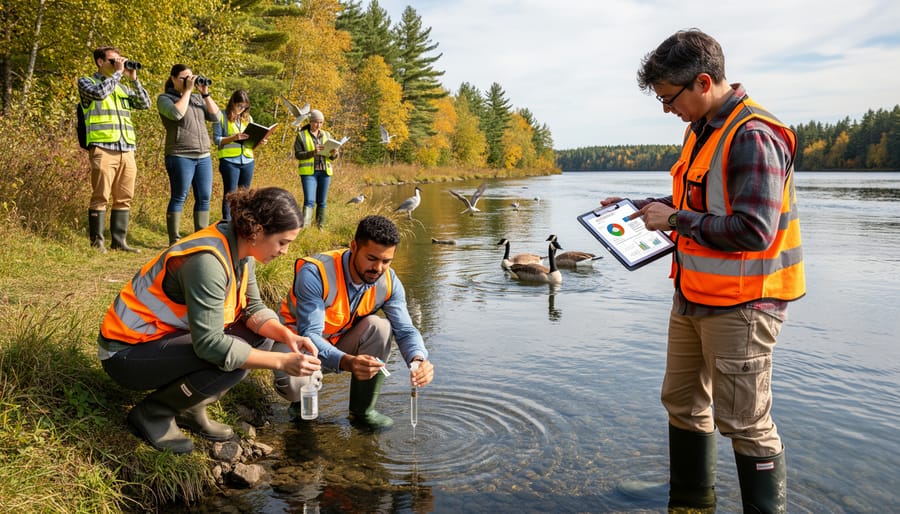 Female volunteer conducting water quality monitoring at lake shore in Ontario park