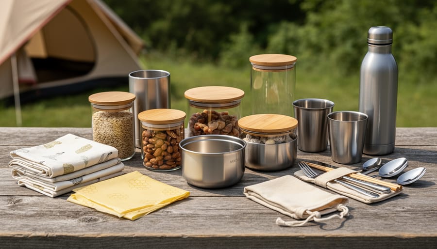 Overhead view of eco-friendly reusable camping gear and supplies on picnic table