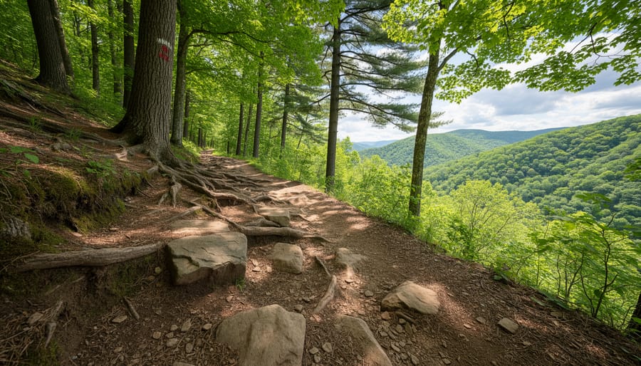 Hikers with trekking poles walking along a rocky leaf-covered trail in French Creek State Park at golden hour