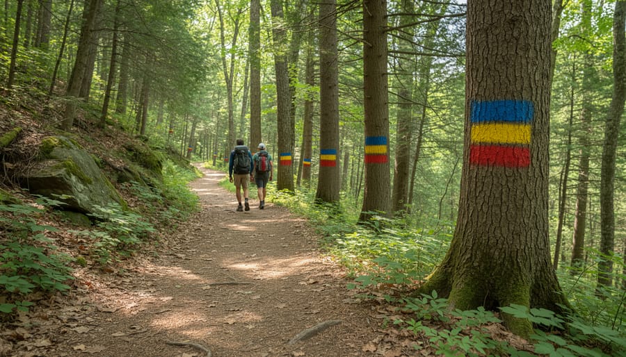 Close-up of blue and red trail blazes on a wooden post along a hiking path