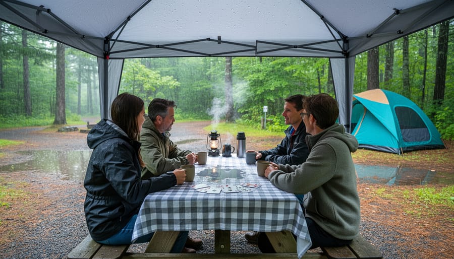 Camping gazebo sheltering campers and a picnic table at an Ontario provincial park campsite during light morning drizzle, with a pine forest background.