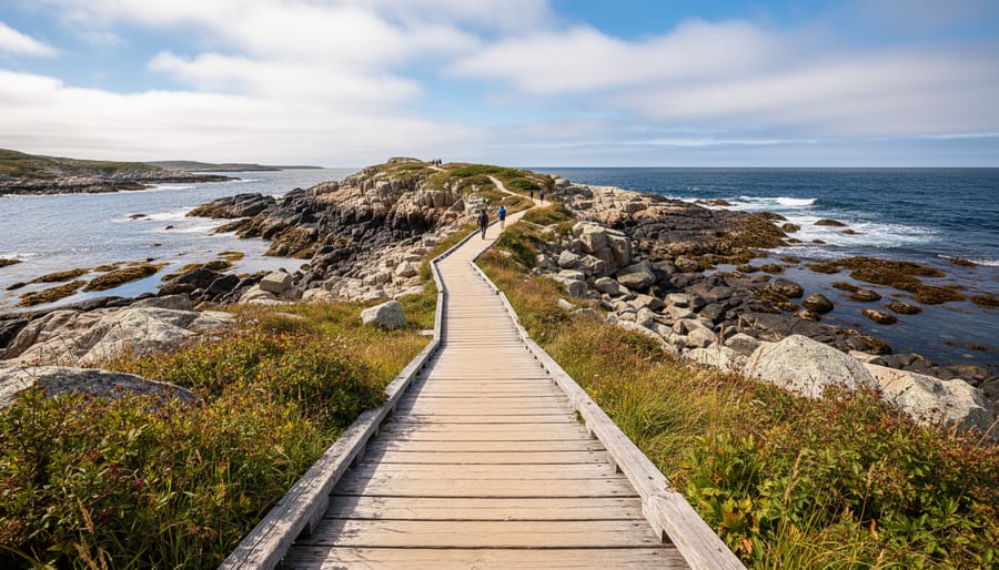 Hikers walking along a coastal boardwalk beside rocky shoreline with ocean waves in the background