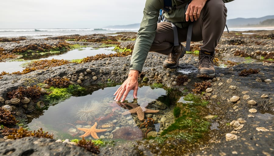 Close-up of wet rocks and seaweed in an intertidal area with small tidepool reflections