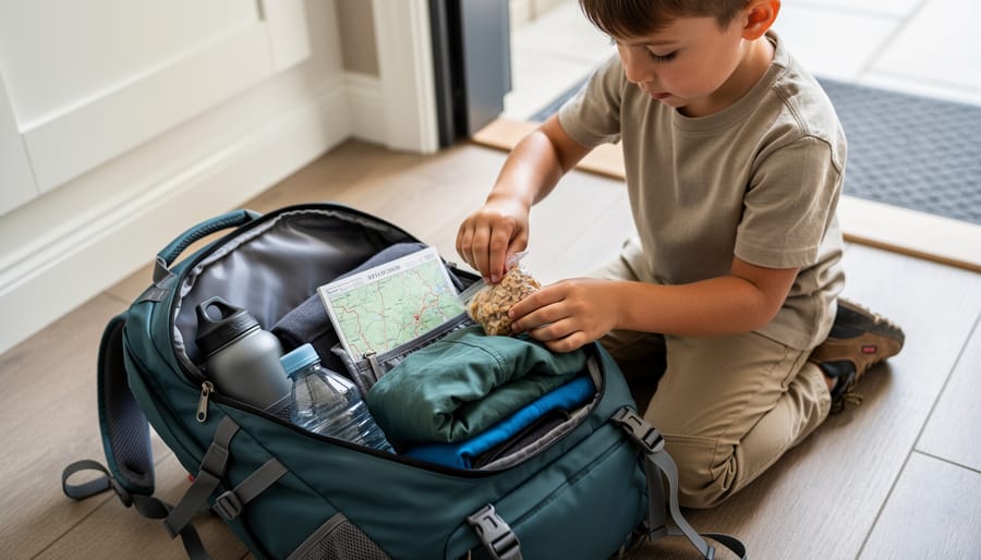 Child packing their hiking backpack with essential gear at the trailhead