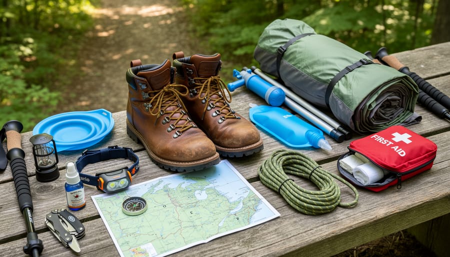 Camping and hiking supplies laid out on a picnic table including boots, tent, headlamp, water filter, and first-aid kit