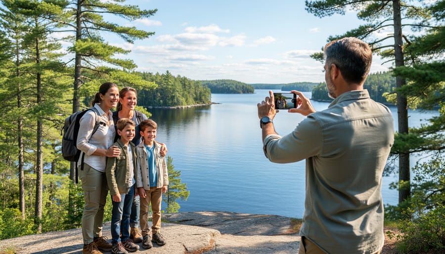 Family on an Ontario park trail looking at nature while one person holds up a phone to take a photo