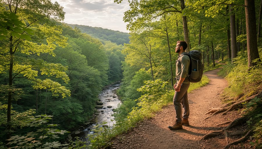 Hiker standing on a forest hiking trail in French Creek State Park with trees and a distant valley in view