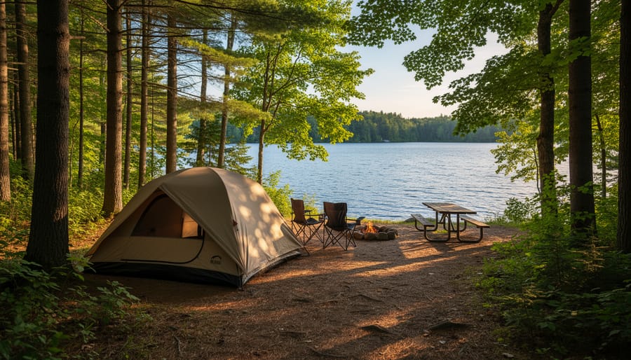 Tent at a lakeside campsite in Frontenac with pine forest and clear water in the background