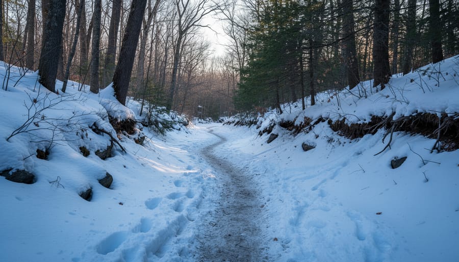 Snow-covered winter trail winds past a frozen creek with bare trees and evergreens in the distance.