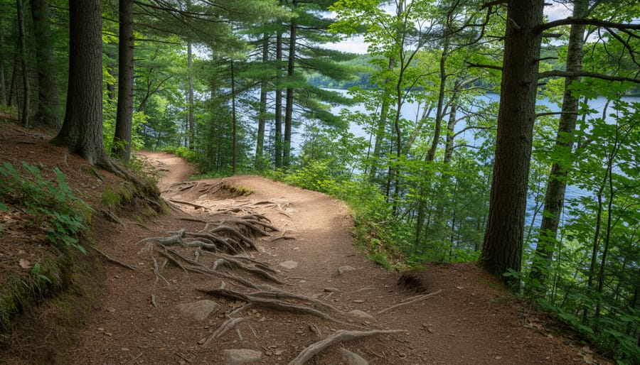 Frontenac hiking trail with roots and rocky steps leading toward a lake view through pine forest