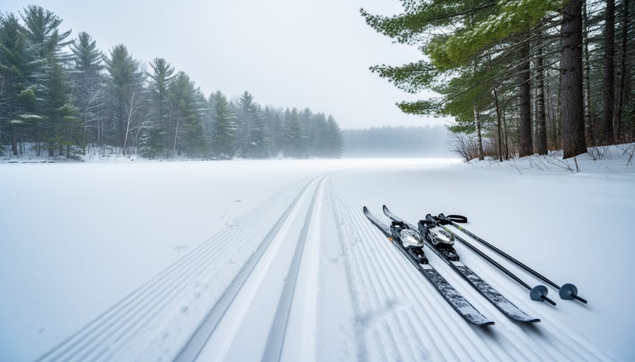 Freshly groomed cross-country ski tracks in deep winter snow leading toward a pine forest and a frozen lake, conveying a Quebec winter park skiing experience.