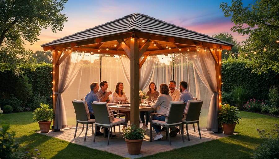 Camping gazebo used at dusk as a sheltered, bug-resistant dining space with warm lantern lighting.