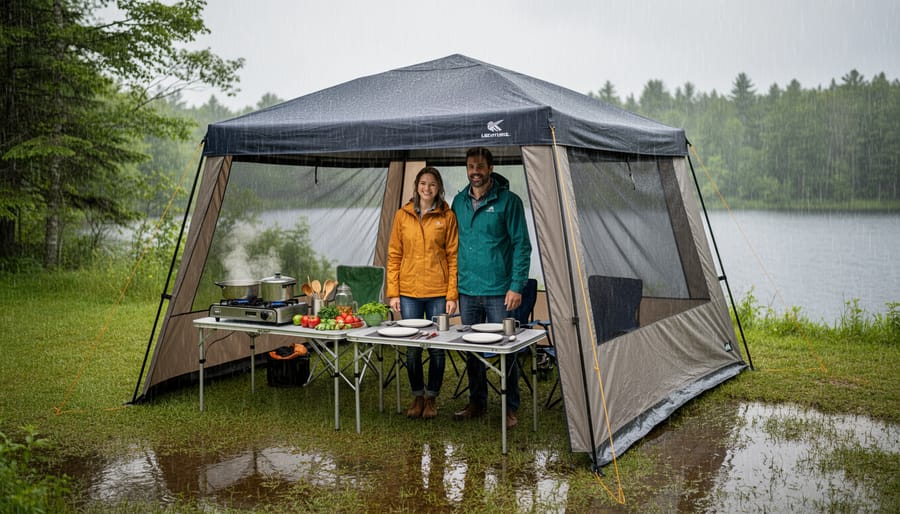 Camping gazebo canopy with raindrops beading on fabric during a rainy moment at an Ontario campsite.