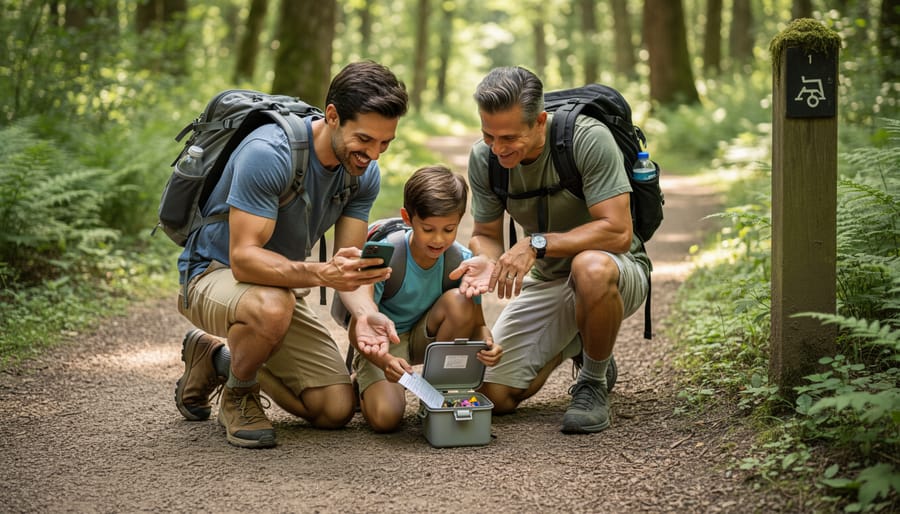 Close-up of hands placing a geocache container in a mossy rock crevice