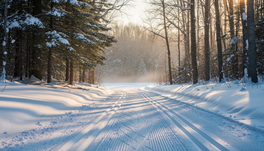 Cross-country skiers glide along a groomed snow trail through a winter forest with pine trees in the background.