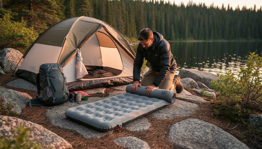 Hiker adjusting a hiking sleeping pad inside a tent at a Canadian Shield campsite during twilight.