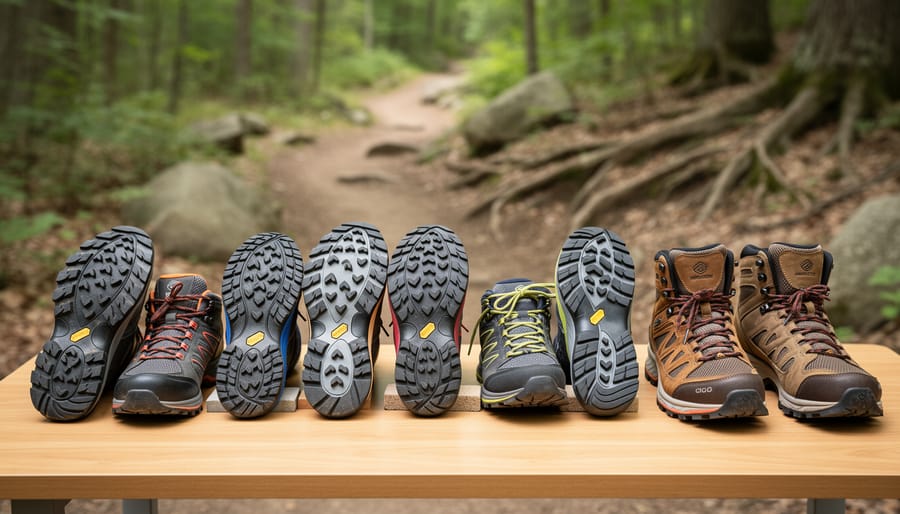 Assorted women’s hiking shoes displayed on a wooden table with one shoe positioned on an incline board
