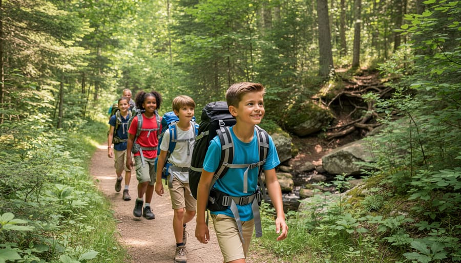Two children hiking on an Ontario trail wearing properly fitted hiking backpacks