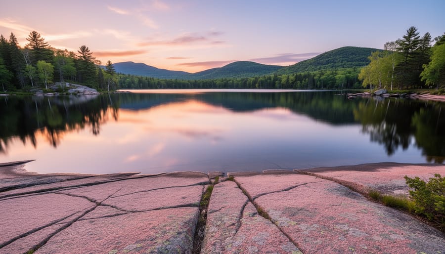 Kayaker paddling near pink-granite shoreline by George Lake at dusk in Killarney Provincial Park