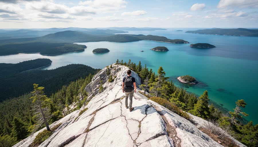 Hiker standing on white quartzite rocks overlooking turquoise Georgian Bay water at Killarney Provincial Park