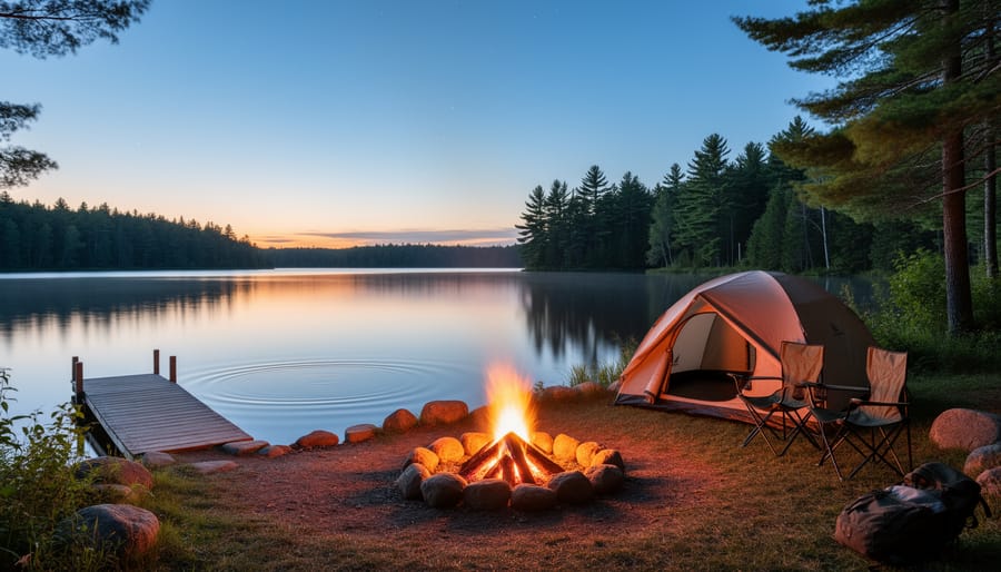 Campers gathered around a lit campfire beside a tent near a lake at Camping Lac Lafontaine during twilight.
