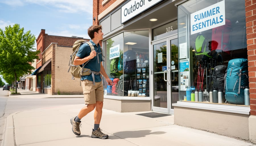 Person approaching a local outdoor gear store while preparing for a summer hiking trip