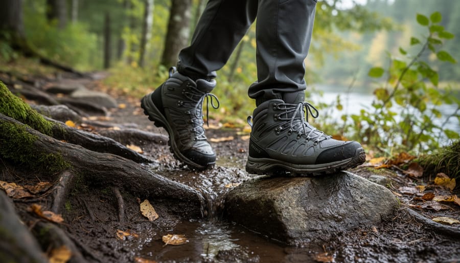Hiker wearing Salomon mid-cut hiking shoes stepping on a muddy Ontario-style portage trail