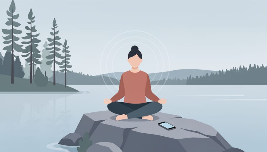 Smartphone placed face-down on a rock next to hiking gear with a blurred lakeside forest background