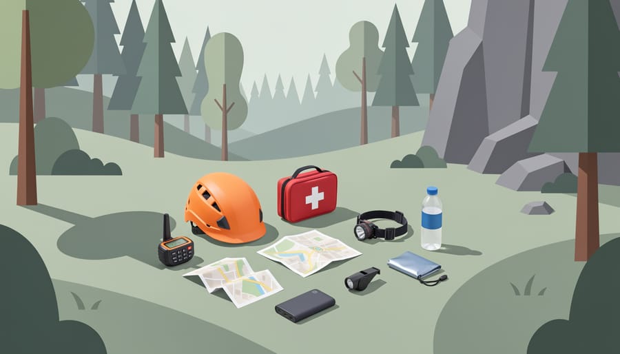 Camping safety essentials including GPS, folded map, whistle, first-aid kit, and headlamp on a forest log near camping gear.
