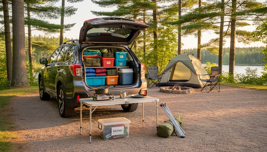 Open car hatch with camping gear including a tent, sleeping pad, and cooler arranged on grass at a campground.