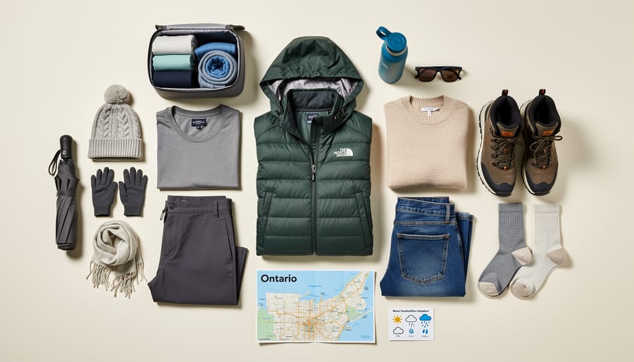Camping clothing layers including base layer, socks, rain jacket, fleece, and headlamp laid out on a picnic table.