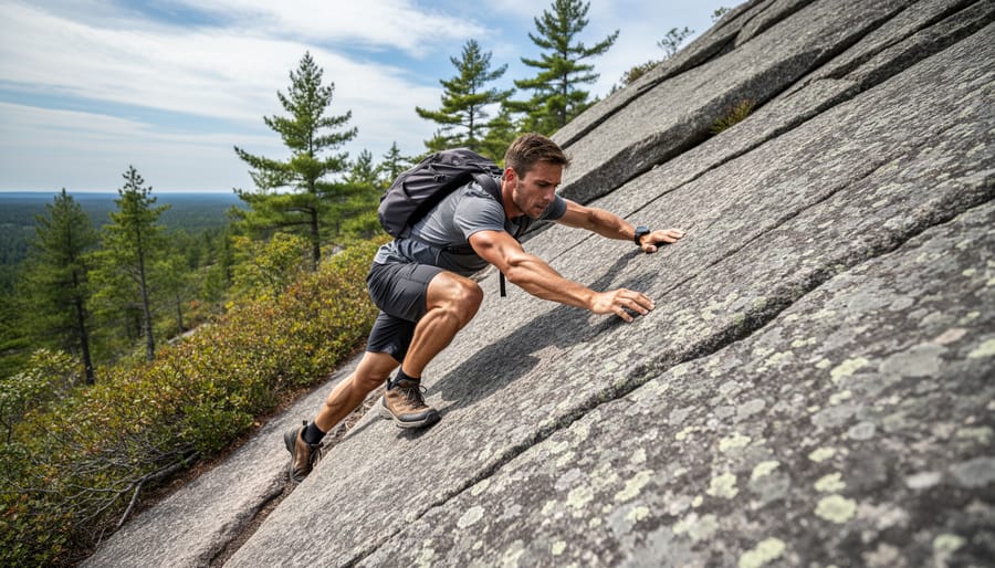 A hiker in trail shoes uses their hands to scramble up a rocky ridge in Ontario.
