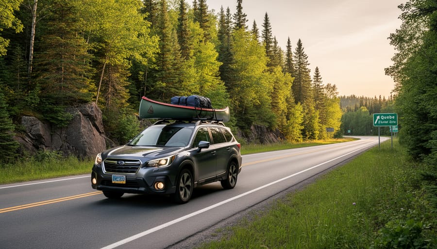 Pickup truck towing a camping trailer parked along a forest road at golden hour
