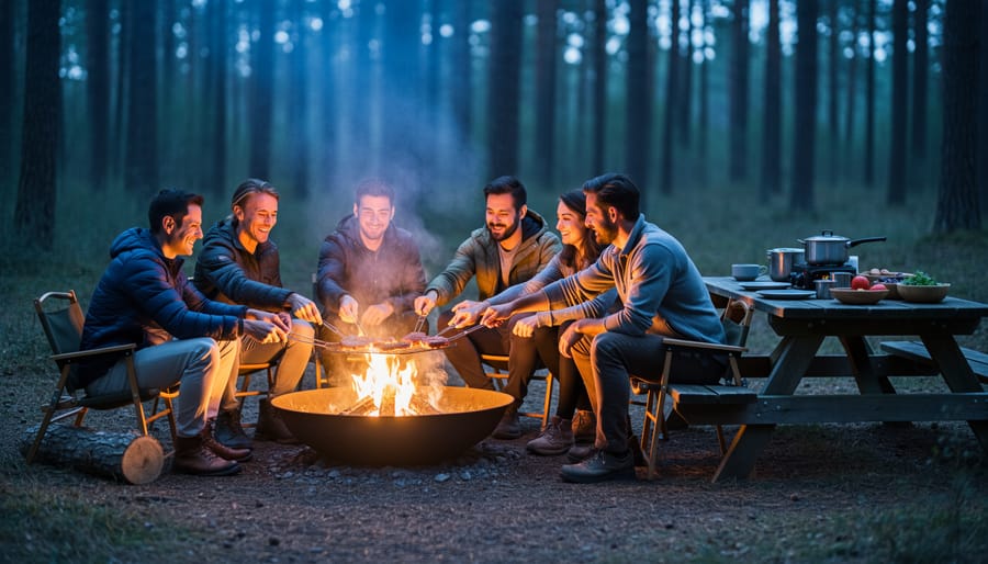 Hands roasting food over a glowing campsite firepit at dusk with tents and trees in the background