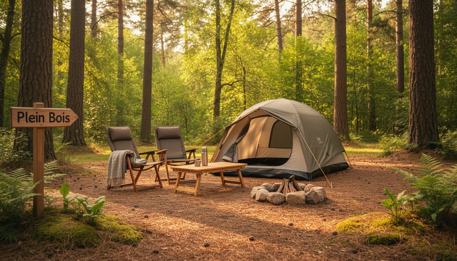 Tent and camping chairs in a wooded campground clearing in a calm, nature-focused setting