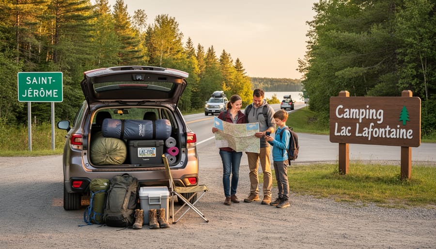 Car parked with camping gear at scenic roadside overlook near the Laurentides heading to Camping Lac Lafontaine.