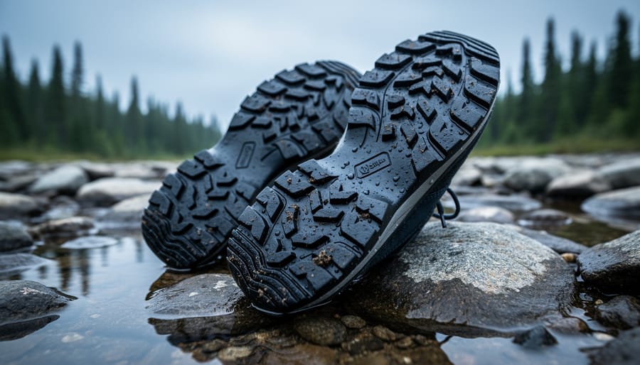 Close-up of Salomon hiking shoes on wet Canadian Shield rock with visible traction lugs and muddy ground