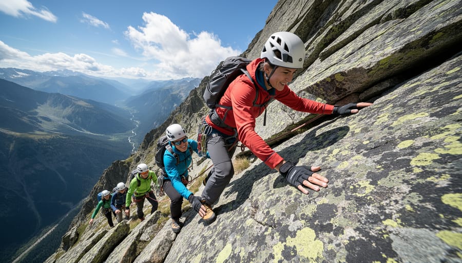 Two scramblers wearing helmets and gloves pause on a rocky cliff edge and look over the route ahead.