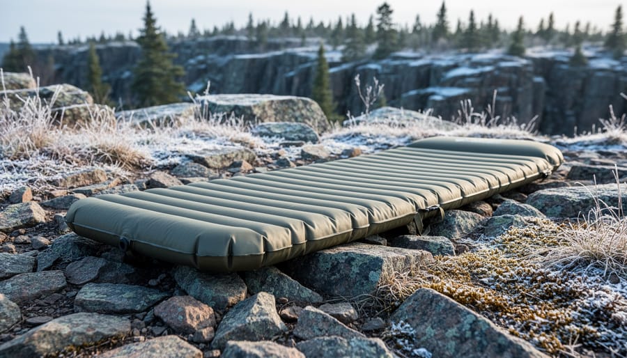 Hiking sleeping pad on uneven rocky ground near a lakeshore at sunrise with dew on nearby rocks.