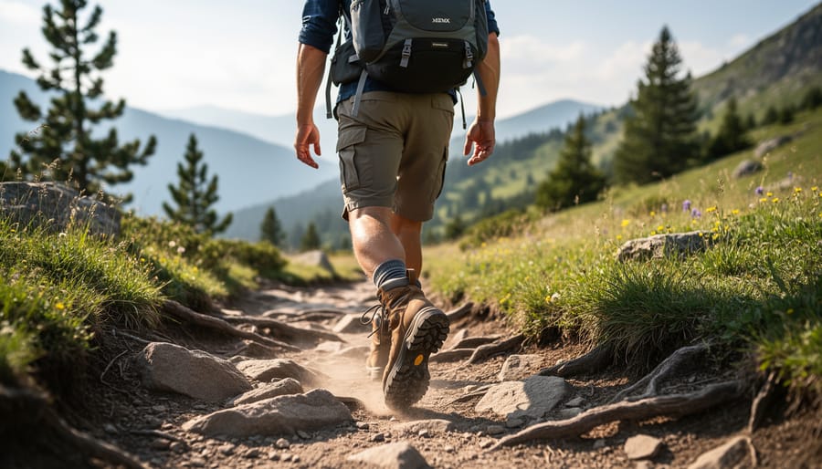 Hiker stepping on rocky trail with supportive Gore-Tex hiking shoes visible under a loaded backpack